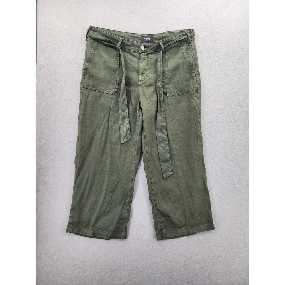 NYDJ Olive Green Linen Blend Wide Leg Crop Pants Tie Waist‎ Utility Size 10